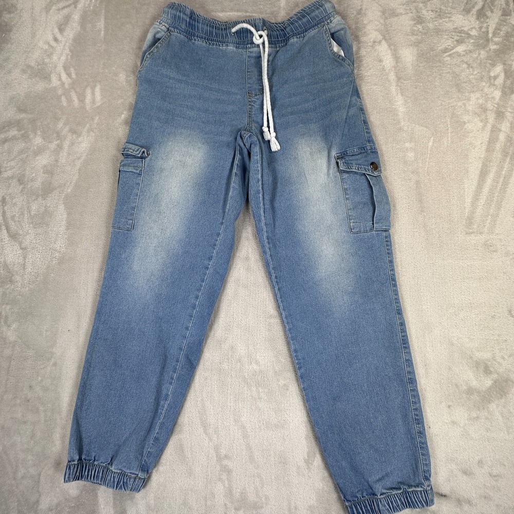 VIP Jogger Jeans Womens Size 7/28 Blue Denim Cargo Pockets Mid Rise Drawstring